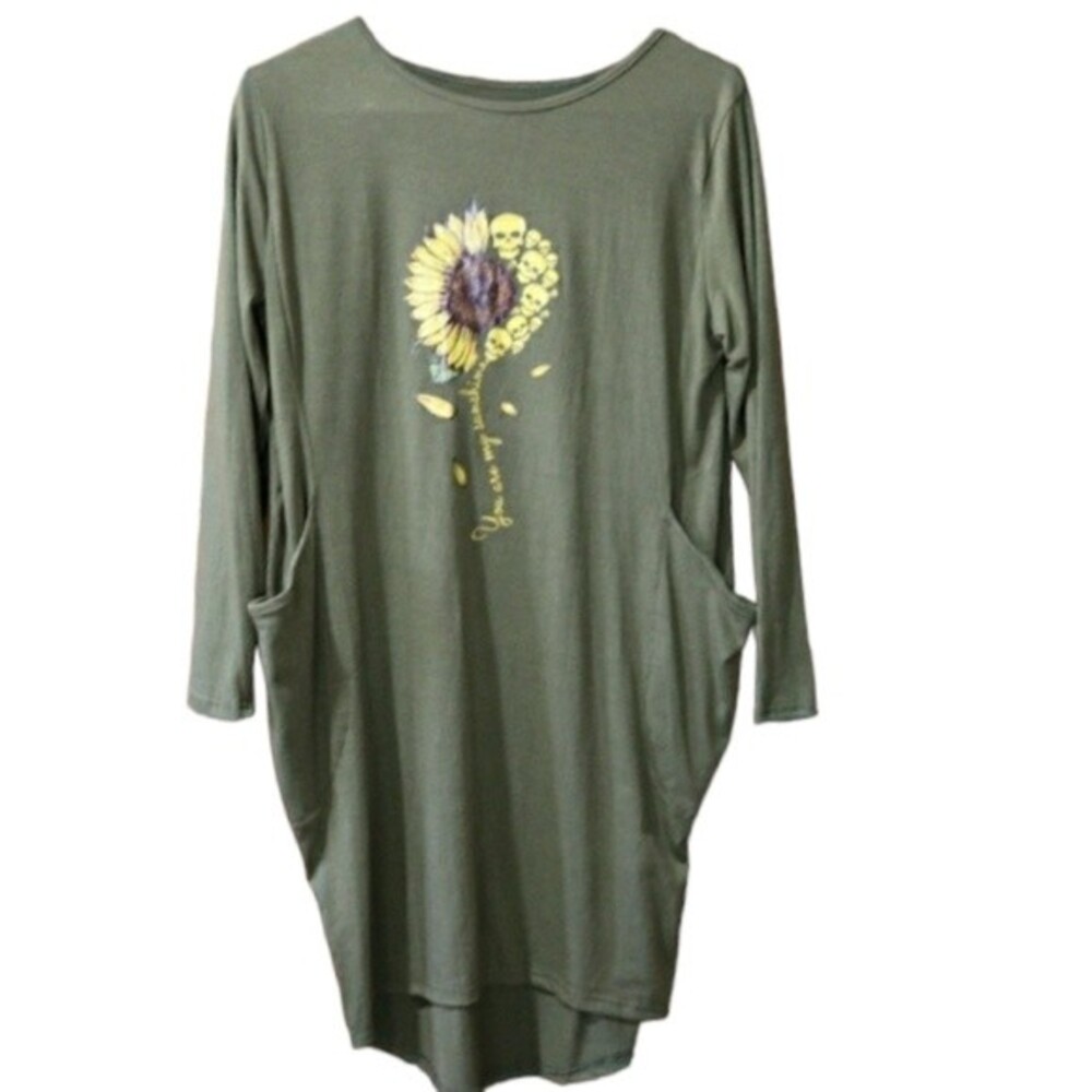 Green Sunflower & Skull Dress You Are My Sunshine Slouchy Pocket Dress Small